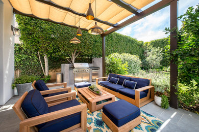 Patio - transitional patio idea in Los Angeles with an awning and a bbq area