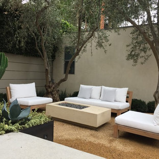 Foto di un patio o portico minimalista di medie dimensioni e dietro casa con un focolare, graniglia di granito e nessuna copertura