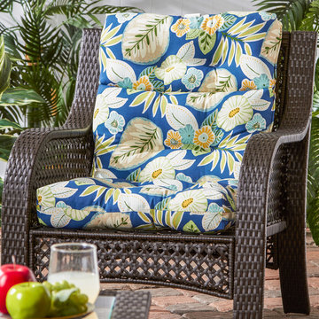 Wicker Woven Chair with Cool Blue Floral Pattern Cushion