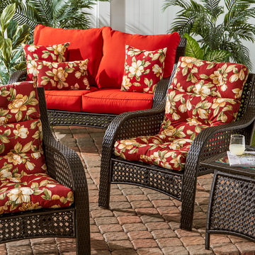 Wicker Woven Lounge Set with Mix and Match Bold Red and Floral Pattern Cushions