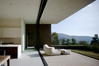 Ispirazione per un patio o portico moderno dietro casa con lastre di cemento e un tetto a sbalzo