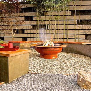 Idee per un patio o portico etnico di medie dimensioni e dietro casa con un focolare, ghiaia e nessuna copertura