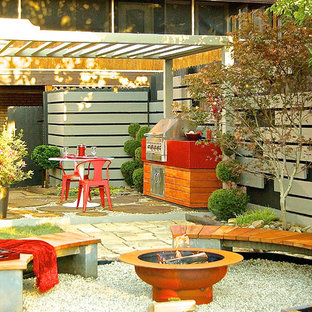 Esempio di un patio o portico etnico di medie dimensioni e dietro casa con un focolare, ghiaia e una pergola