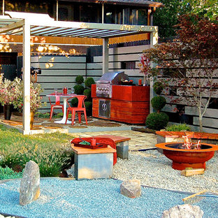 Idee per un patio o portico etnico di medie dimensioni e dietro casa con un focolare, ghiaia e una pergola