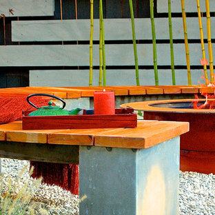 Esempio di un patio o portico etnico di medie dimensioni e dietro casa con un focolare, ghiaia e nessuna copertura