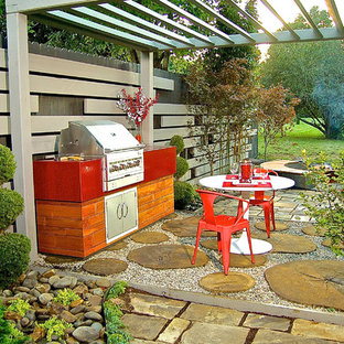 Ispirazione per un patio o portico etnico di medie dimensioni e dietro casa con ghiaia e una pergola