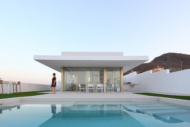 Ejemplo de casa de la piscina y piscina alargada actual de tamaño medio a medida en patio delantero con suelo de baldosas