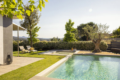 Ejemplo de piscina alargada moderna grande a medida en patio con entablado