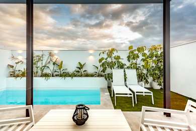 Immagine di una piccola piscina monocorsia minimalista rettangolare dietro casa con una dépendance a bordo piscina