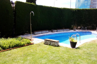 Ejemplo de casa de la piscina y piscina alargada tradicional renovada de tamaño medio rectangular en patio delantero