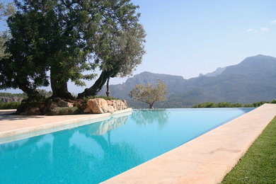 Ejemplo de casa de la piscina y piscina infinita mediterránea de tamaño medio rectangular