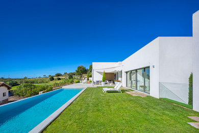 Modelo de casa de la piscina y piscina alargada contemporánea grande rectangular en patio trasero