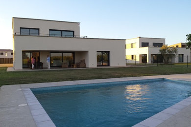 Diseño de piscina alargada contemporánea de tamaño medio rectangular en patio delantero
