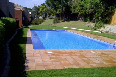 Diseño de casa de la piscina y piscina alargada tradicional renovada de tamaño medio rectangular en patio trasero