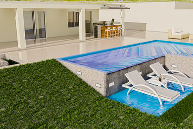 Modelo de piscina infinita minimalista de tamaño medio en forma de L en patio trasero