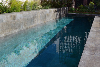 Diseño de piscina alargada actual grande rectangular en patio trasero