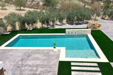 Пример оригинального дизайна: большой спортивный, угловой бассейн на заднем дворе в стиле модернизм с фонтаном