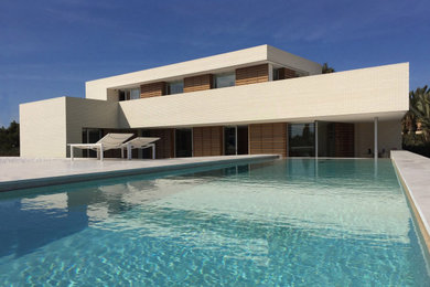 Diseño de piscina elevada moderna de tamaño medio rectangular en patio delantero con paisajismo de piscina y suelo de baldosas