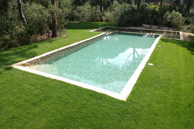 Diseño de piscina natural marinera grande rectangular en patio trasero con adoquines de hormigón