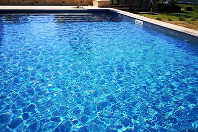 Immagine di una piscina country rettangolare di medie dimensioni e davanti casa con una dépendance a bordo piscina e pavimentazioni in mattoni