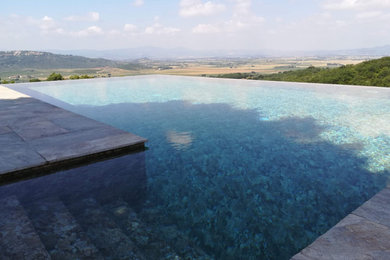 Idee per una piscina a sfioro infinito minimal rettangolare di medie dimensioni e davanti casa con pavimentazioni in pietra naturale