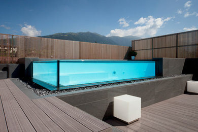 Modelo de casa de la piscina y piscina elevada actual de tamaño medio rectangular en patio delantero con entablado