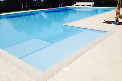 Modelo de piscina con tobogán natural contemporánea extra grande en forma de L en patio trasero con adoquines de piedra natural