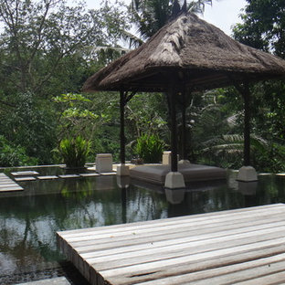 Esempio di una grande piscina tropicale personalizzata dietro casa con pedane