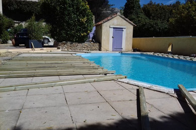 Idée de décoration pour une piscine naturelle design de taille moyenne avec une terrasse en bois.