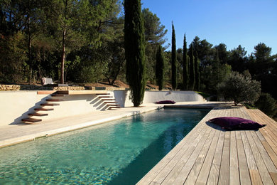 Cette image montre un grand couloir de nage design rectangle avec une terrasse en bois.
