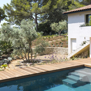 Ispirazione per una piscina monocorsia mediterranea rettangolare dietro casa con pedane