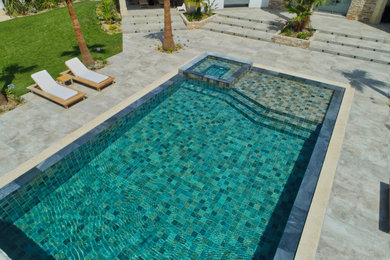 Idées déco pour un grand piscine avec aménagement paysager avant contemporain rectangle avec des pavés en pierre naturelle.