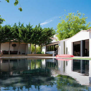 Ispirazione per un'ampia piscina design rettangolare dietro casa con una dépendance a bordo piscina e pedane