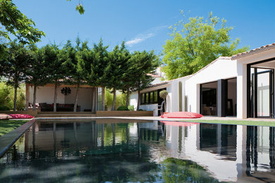 Aménagement d'un très grand Abris de piscine et pool houses arrière contemporain rectangle avec une terrasse en bois.