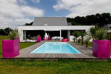 Exemple d'un couloir de nage arrière tendance de taille moyenne et rectangle avec une terrasse en bois.