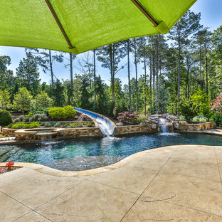Foto di una grande piscina naturale tropicale personalizzata dietro casa con un acquascivolo e pedane