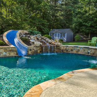 Idee per una grande piscina naturale tropicale personalizzata dietro casa con un acquascivolo e cemento stampato