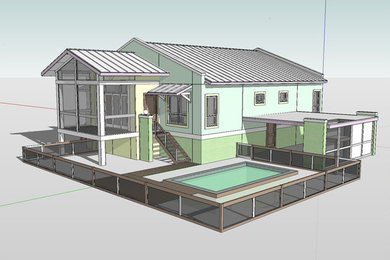 Diseño de piscina natural costera de tamaño medio rectangular en patio trasero con entablado