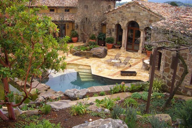 Pool - large mediterranean backyard stone and custom-shaped lap pool idea in San Francisco