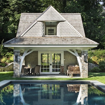 Pool house - traditional backyard rectangular pool house idea in New York