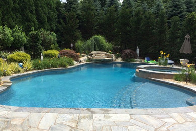 Design ideas for a contemporary back custom shaped swimming pool in New York.