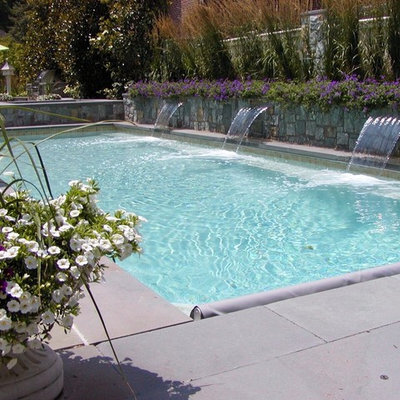 Mid-sized elegant backyard rectangular and concrete paver lap hot tub photo in DC Metro