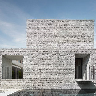 Photo of a large modern backyard rectangular lap pool in Melbourne with a hot tub and concrete slab.