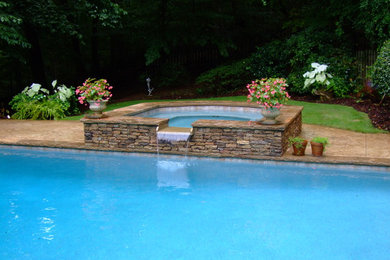 Foto di una grande piscina tradizionale rettangolare dietro casa con una vasca idromassaggio e lastre di cemento