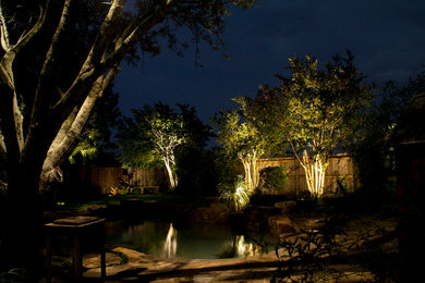 Inspiration for a mid-sized timeless backyard custom-shaped pool fountain remodel in Austin