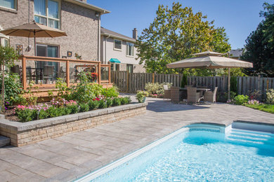 Inspiration for a mid-sized contemporary backyard brick and rectangular lap pool landscaping remodel in Toronto