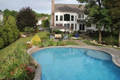Example of a large classic backyard stone and kidney-shaped lap water slide design in Philadelphia
