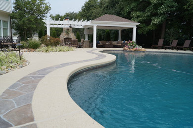 Example of a mid-sized classic backyard custom-shaped pool design in St Louis