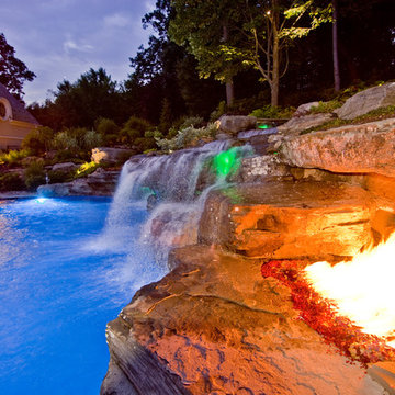 Backyard Swimming Pool Waterfall & Fire Pit Design- Bergen County NJ