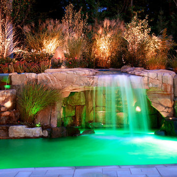 Backyard Swimming Pool Waterfall with Color LED LightingDesign- Bergen County NJ